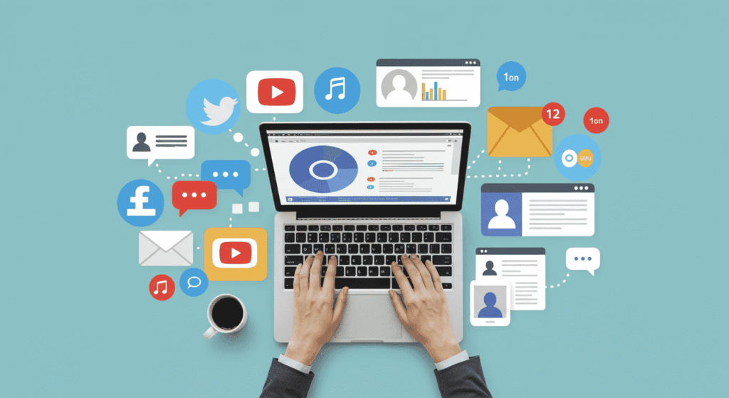 Profesiones raras y curiosas que probablemente no conocías 6 Ilustración de marketing digital. Iconos de redes sociales y estrategias online. Publicidad y comunicación digital.