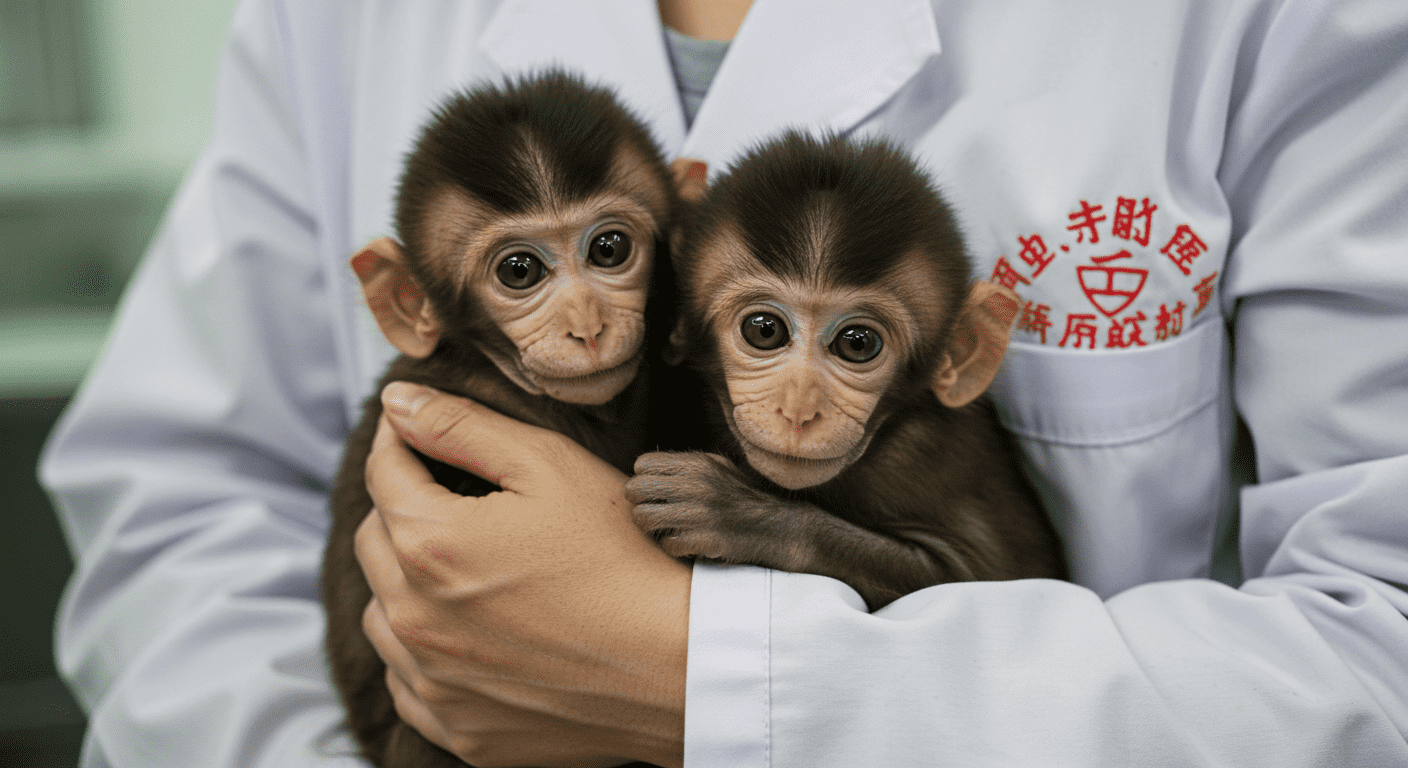 Dos monos bebés clonados son sostenidos por un científico con bata blanca. Imagen de investigación con primates, clonación animal y desarrollo científico. Foto accesible para personas con discapacidad visual.