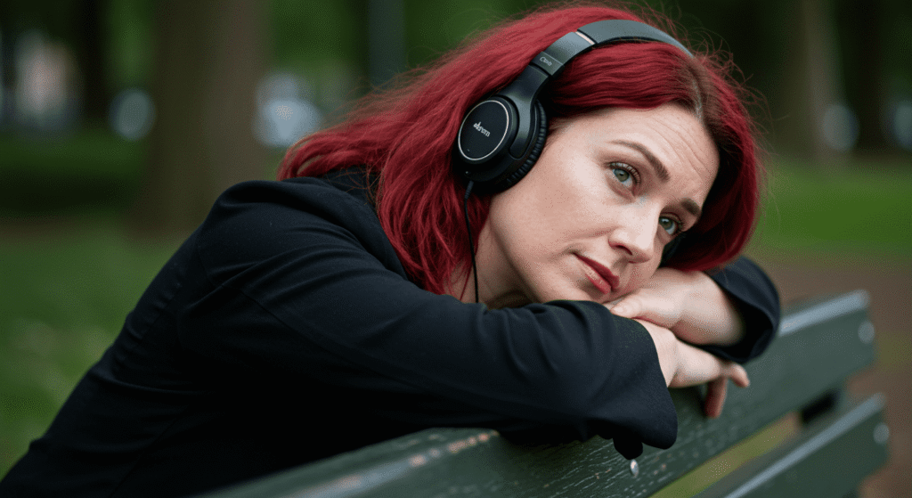Mujer pelirroja con audífonos sentada en banco de parque. Persona escuchando música y relajándose en entorno natural. Ideal para contenido de música y bienestar.
