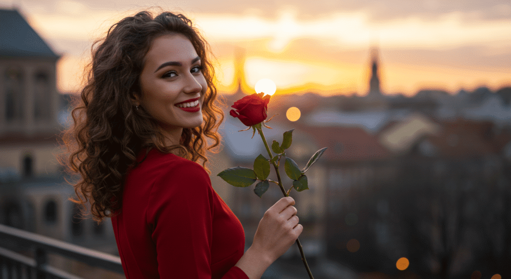 Mujer sonriente con rosa roja y vestido rojo al atardecer en la ciudad. Retrato romántico para celebrar el día de San Valentín o el amor.