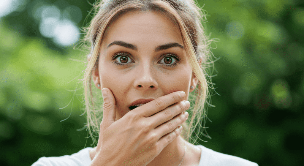 Profesiones raras y curiosas que probablemente no conocías 7 Mujer sorprendida tapándose la boca. Expresión de asombro e incredulidad. Emociones y reacciones humanas.