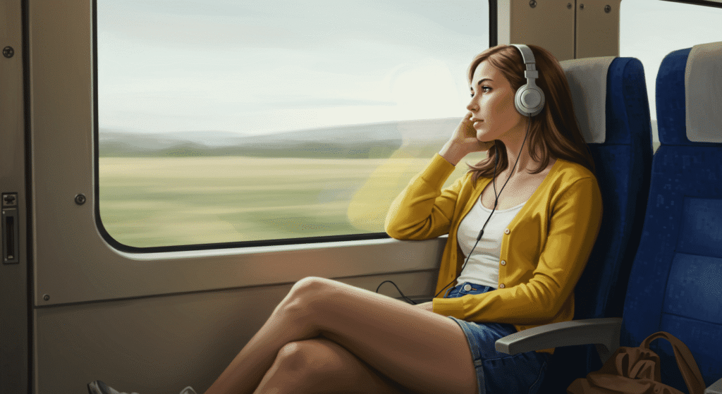 Mujer joven mirando por la ventana del tren escuchando música. Persona en viaje con audífonos contemplando el paisaje. Ideal para contenido de viajes y estilo de vida.

