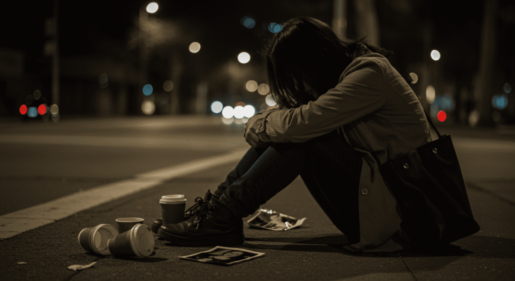 Mujer sentada en la calle de noche con tazas de café vacías y fotos a su alrededor, transmitiendo soledad y desesperación. Imagen conceptual sobre la tristeza y la vida urbana