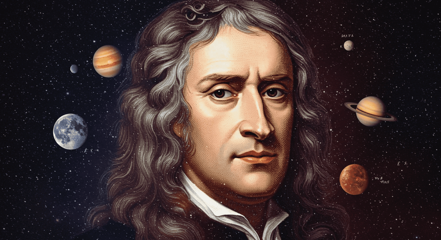 "Isaac Newton y la descomposición de la luz: Retrato artístico de Isaac Newton con un prisma descomponiendo la luz en el espectro visible, sobre un fondo cósmico. Ilustración que representa su contribución a la física y la óptica. Accesible para personas con discapacidad visual."