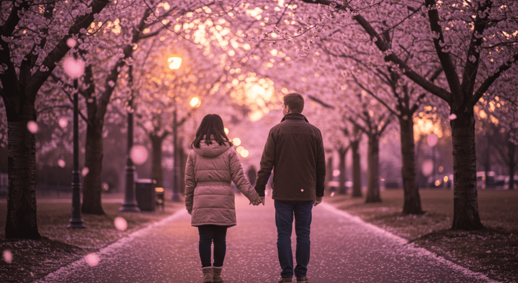 Pareja caminando de la mano bajo árboles de cerezo en flor al atardecer. Imagen romántica para el día de San Valentín o aniversarios.