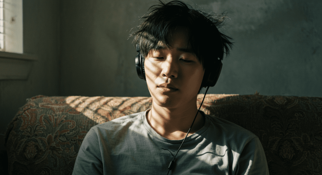 Persona con audífonos escuchando música en casa bajo la luz del sol. Imagen de alguien relajándose y disfrutando de la música.
