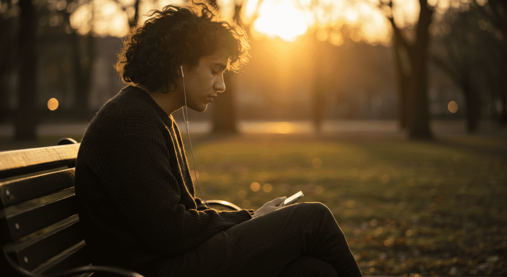 Persona sentada en un banco al atardecer con audífonos y teléfono móvil. Imagen de alguien disfrutando de la música y la tecnología en un parque.