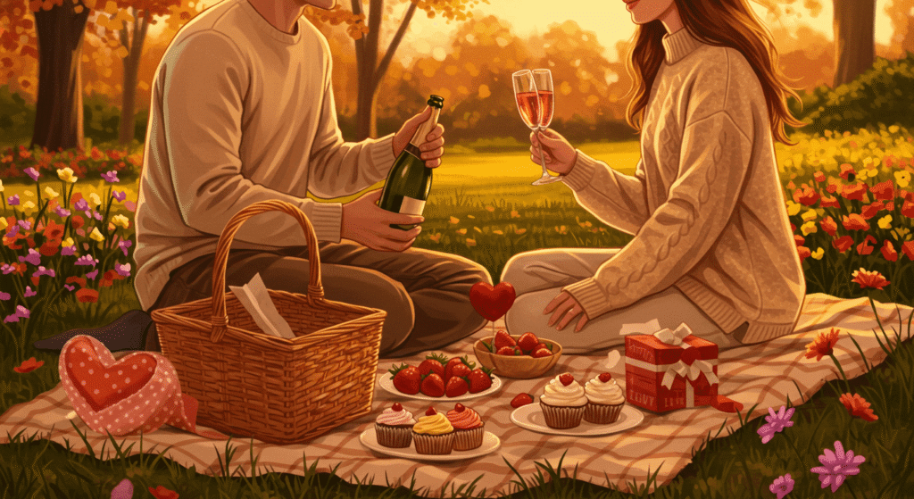 Ilustración digital de pareja en picnic romántico con champán, fresas y corazones. Imagen para celebrar el día de San Valentín con comida y regalos.