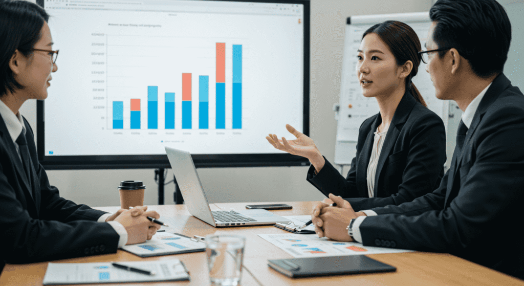 Profesiones raras y curiosas que probablemente no conocías 3 Reunión de equipo de negocios. Presentación de gráficas y análisis de datos. Trabajo en equipo y productividad.