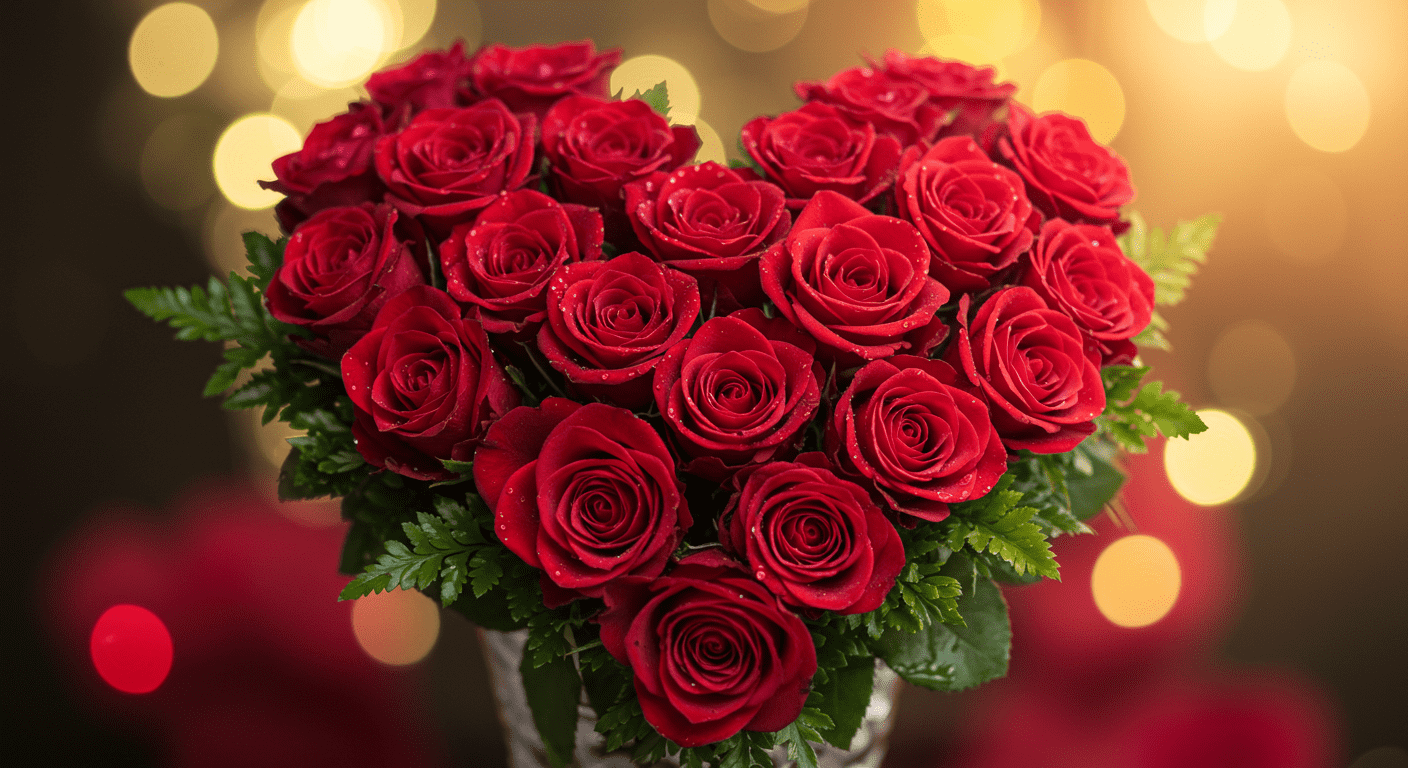 Ramo de rosas rojas en forma de corazón con luces bokeh de fondo. Imagen de amor y romance ideal para el día de San Valentín o aniversarios.