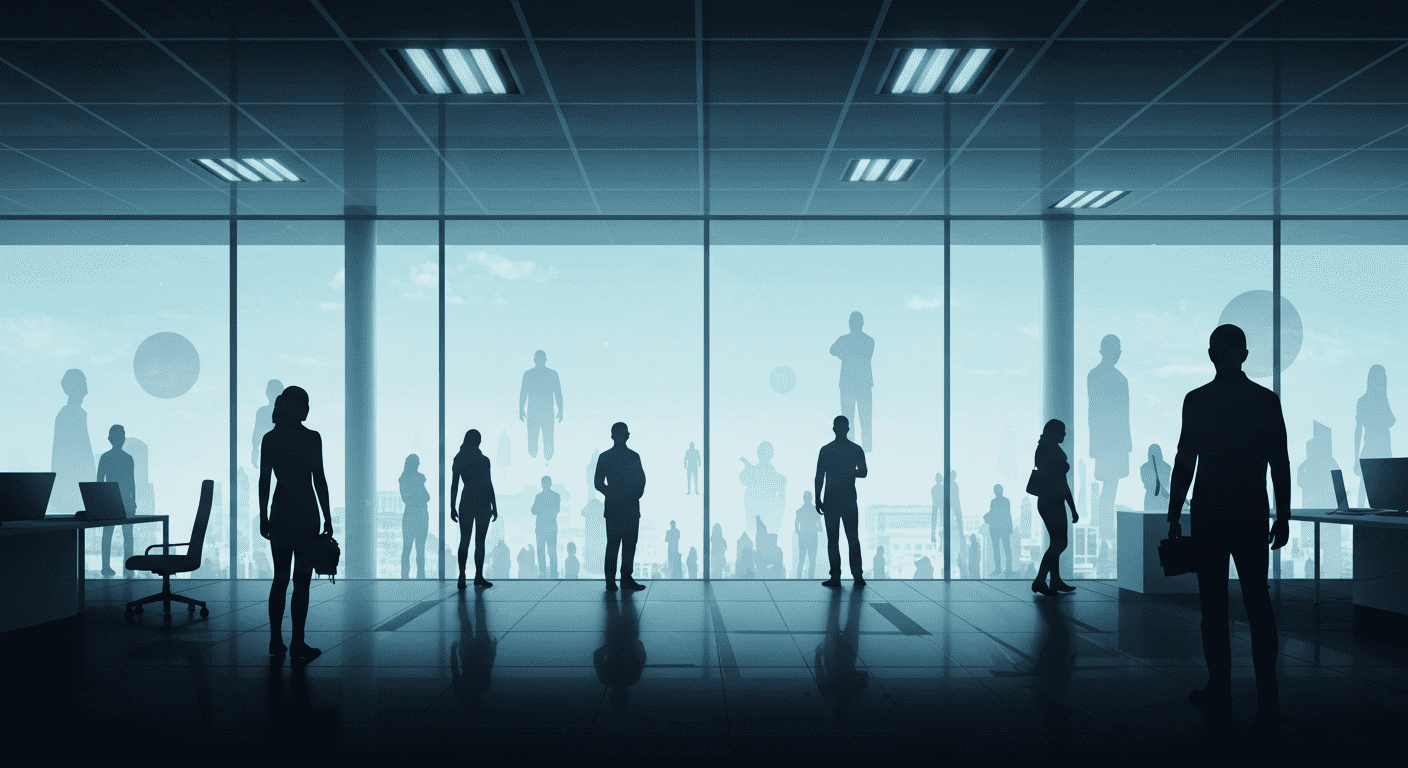 Siluetas de personas trabajando en oficina con vista al exterior