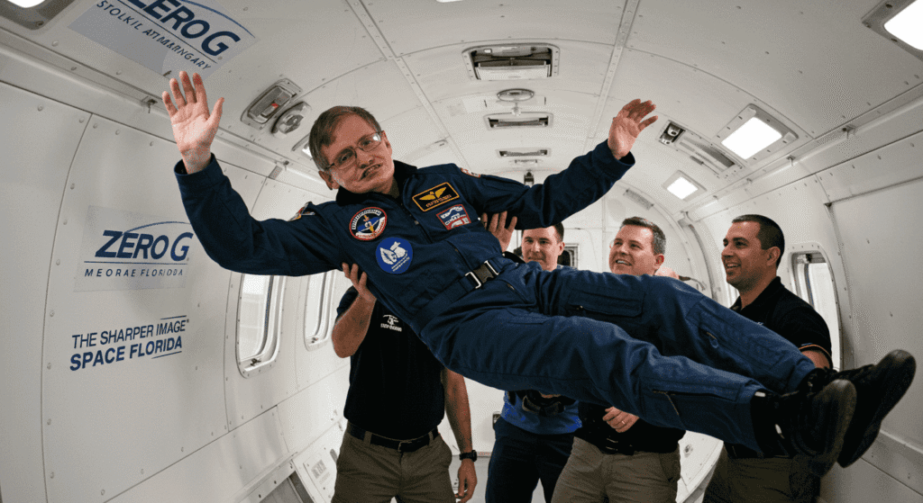 Curiosidades sorprendentes sobre Stephen Hawking que probablemente no conocías 3 "Stephen Hawking experimenta la ingravidez en un vuelo de Zero G. El famoso científico, en traje de vuelo azul, flota con la ayuda de asistentes. Imagen accesible que muestra a Hawking disfrutando de la ausencia de gravedad, optimizada para SEO."