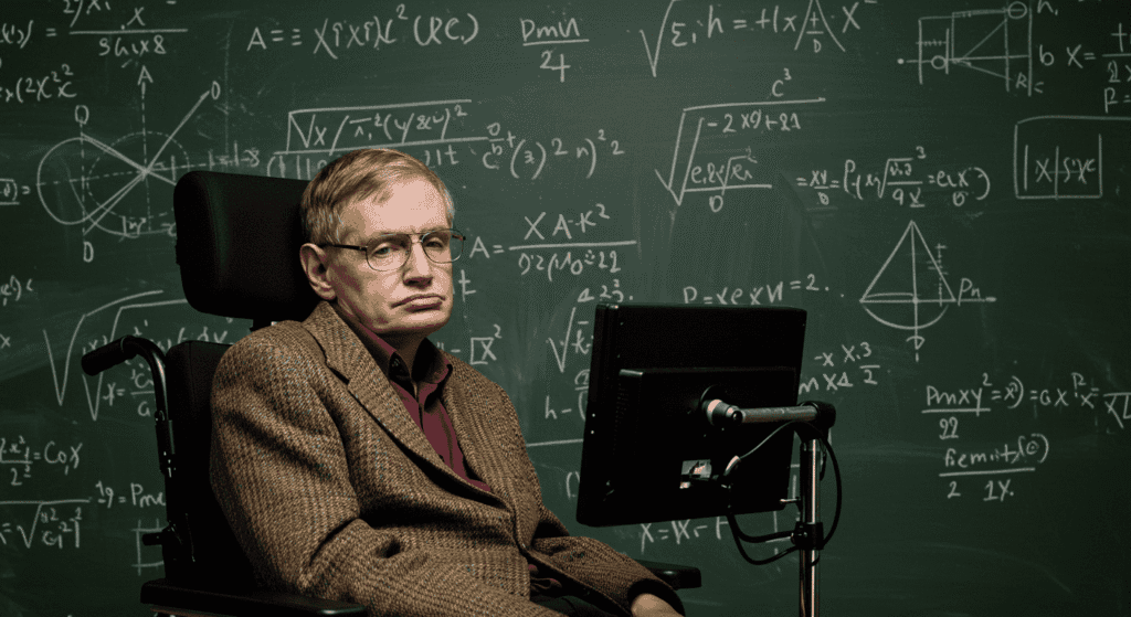 ¿Quién fue Stephen Hawking? Vida, logros y legado del genio de la física 6 "Stephen Hawking en su silla de ruedas frente a una pizarra llena de fórmulas. El físico teórico y cosmólogo posa con un fondo científico. Imagen accesible para personas con discapacidad visual y optimizada para SEO."
