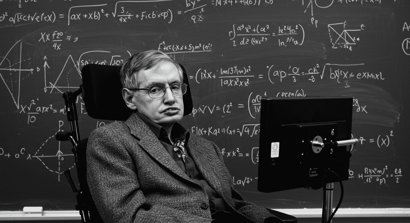 "Stephen Hawking en blanco y negro frente a una pizarra con fórmulas matemáticas. El célebre físico y cosmólogo en su silla de ruedas. Imagen accesible y optimizada para SEO."
