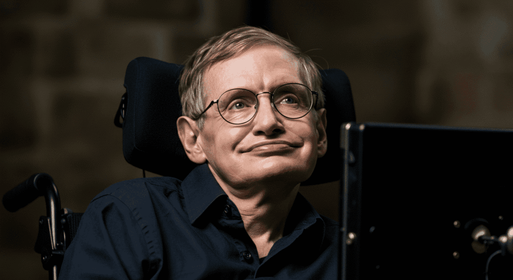 Curiosidades sorprendentes sobre Stephen Hawking que probablemente no conocías 7 "Retrato de Stephen Hawking en su silla de ruedas. El físico y cosmólogo británico sonríe con gafas redondas y camisa azul. Imagen accesible y optimizada para SEO."