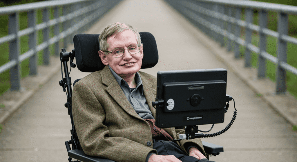 Curiosidades sorprendentes sobre Stephen Hawking que probablemente no conocías 6 "Imagen de Stephen Hawking en su silla de ruedas al aire libre. El físico y cosmólogo, reconocido por su trabajo sobre agujeros negros y la divulgación científica, mira a la cámara con una expresión serena. Fotografía accesible para personas con discapacidad visual y optimizada para SEO."