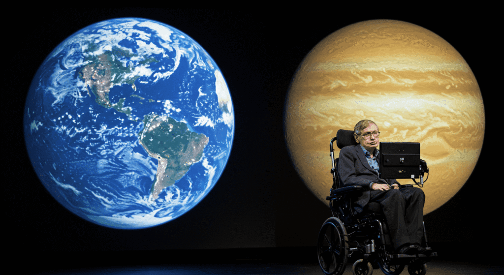 ¿Quién fue Stephen Hawking? Vida, logros y legado del genio de la física 7 "Stephen Hawking en silla de ruedas frente a representaciones de la Tierra y otro planeta. Imagen del astrofísico y divulgador científico con fondos espaciales. Accesible para personas con discapacidad visual y optimizada para SEO."