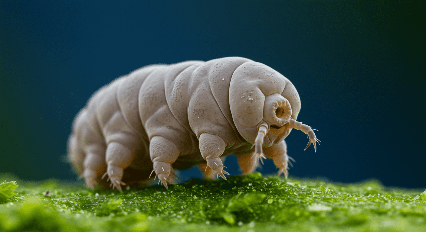 "Imagen de microscopio de un tardígrado, u oso de agua, sobre musgo verde. Detalle del cuerpo segmentado y boca del microorganismo. Fotografía científica de la vida microscópica."