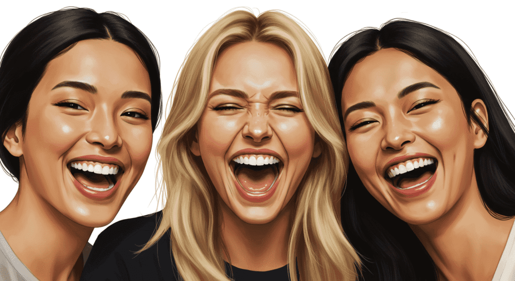 Tres amigas riendo juntas. Mujeres felices compartiendo momentos de alegría. Sonrisas y amistad. Accesibilidad web.