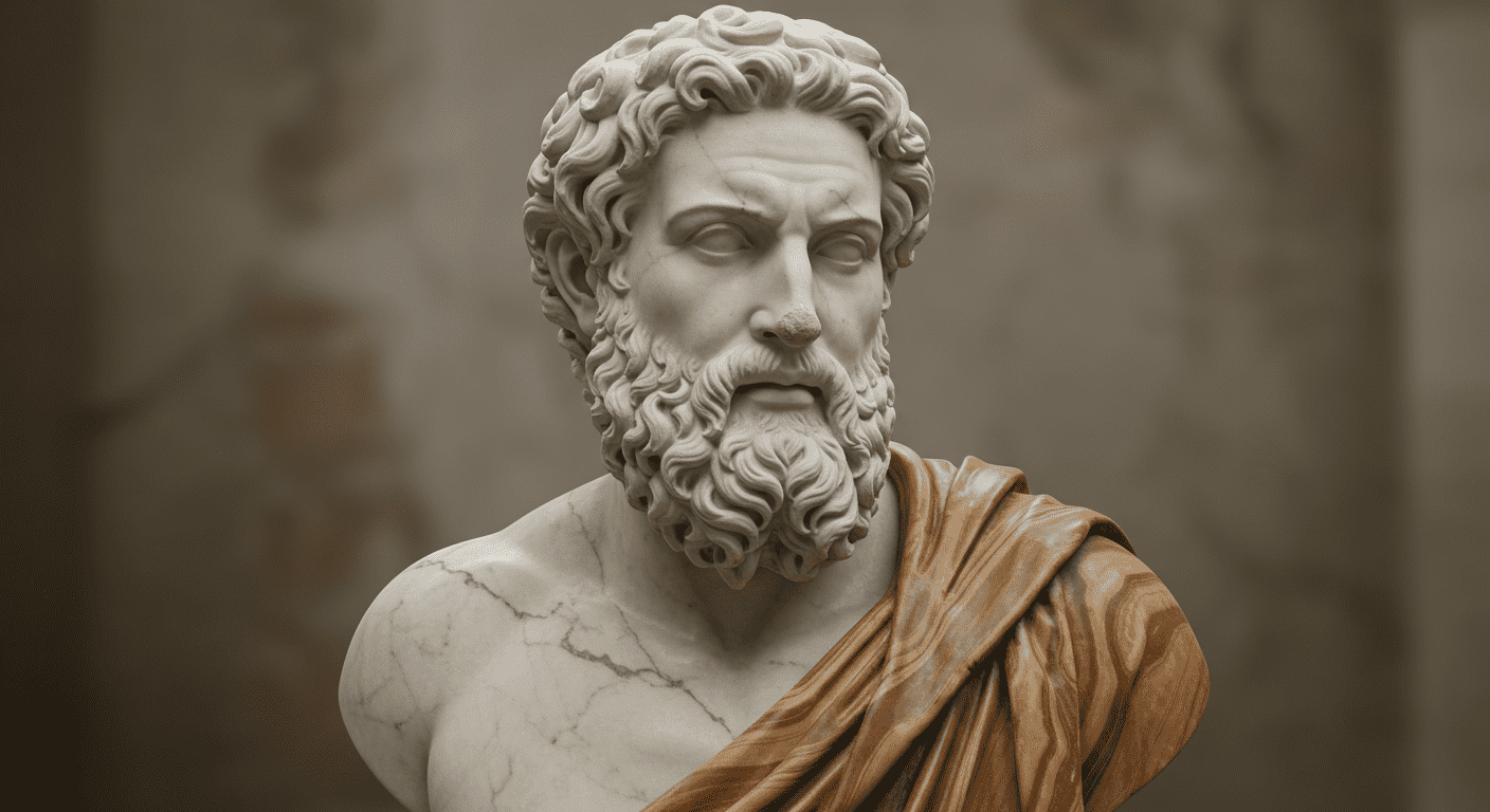 Aristoteles Busto de mármol blanco de un hombre con barba, representando posiblemente a un filósofo griego antiguo. Escultura clásica para accesibilidad web y SEO.