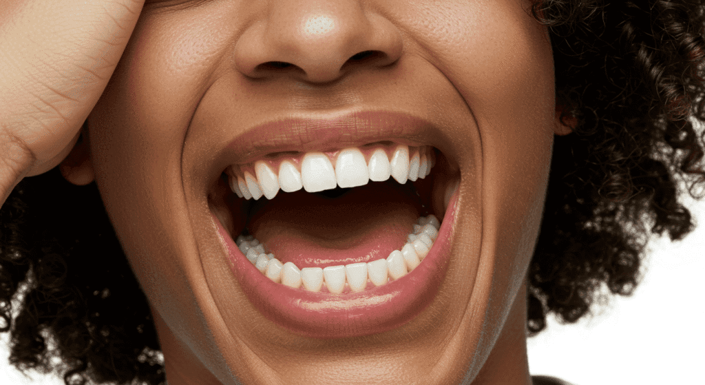 Primer plano de boca riendo. Dientes blancos y sonrisa alegre. Expresión de alegría y diversión.