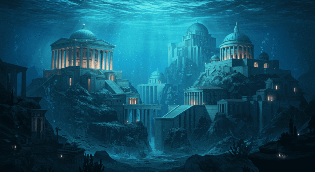 ¿La Atlántida existió realmente? Mito, historia y teorías modernas 7 Representación artística de una ciudad submarina como Atlantis con arquitectura clásica y luces brillantes