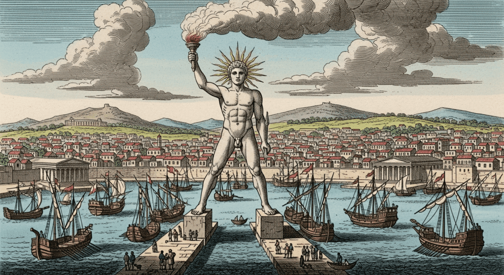 Las siete maravillas del mundo antiguo que asombraron a la humanidad 6 Grabado antiguo del Coloso de Rodas. Ilustración histórica de la estatua gigante que custodiaba el puerto, una de las Siete Maravillas del Mundo Antiguo. Ideal para temas de historia, mitología griega y arquitectura antigua.