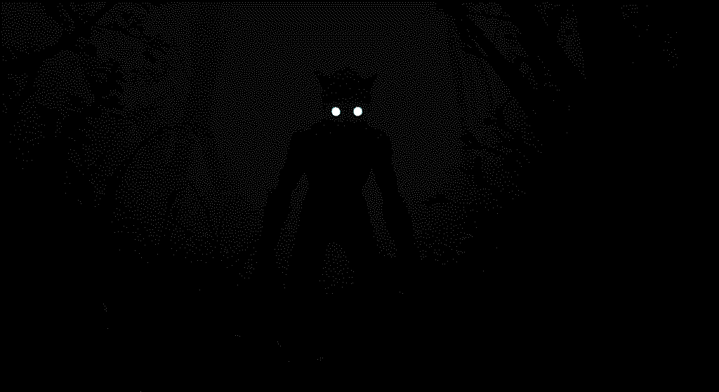 "Imagen oscura con una criatura de ojos brillantes en la noche. Fotografía nocturna de baja visibilidad con un posible animal o monstruo en la oscuridad."