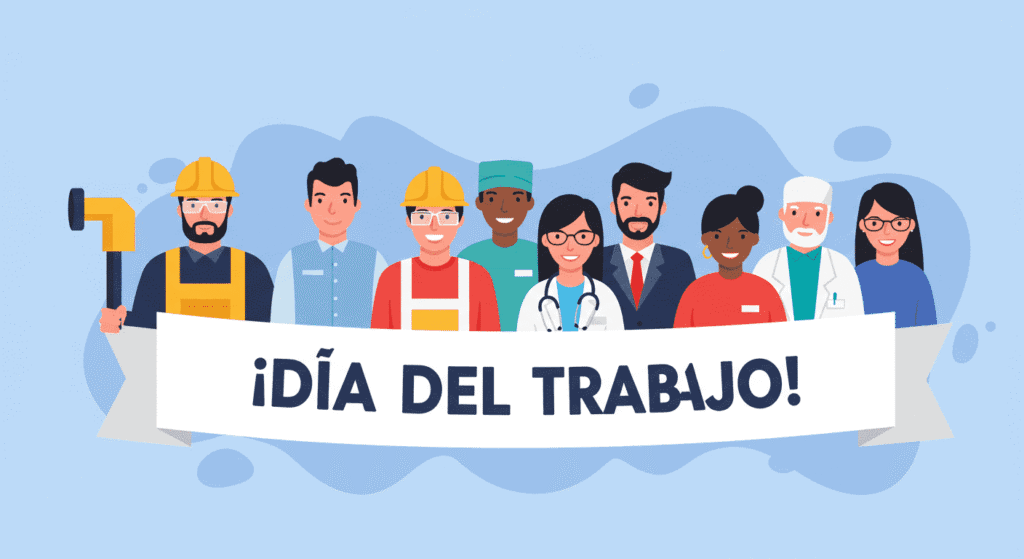Diseño gráfico vectorial del Día del Trabajo mostrando profesionales diversos. Imagen del 1 de mayo.