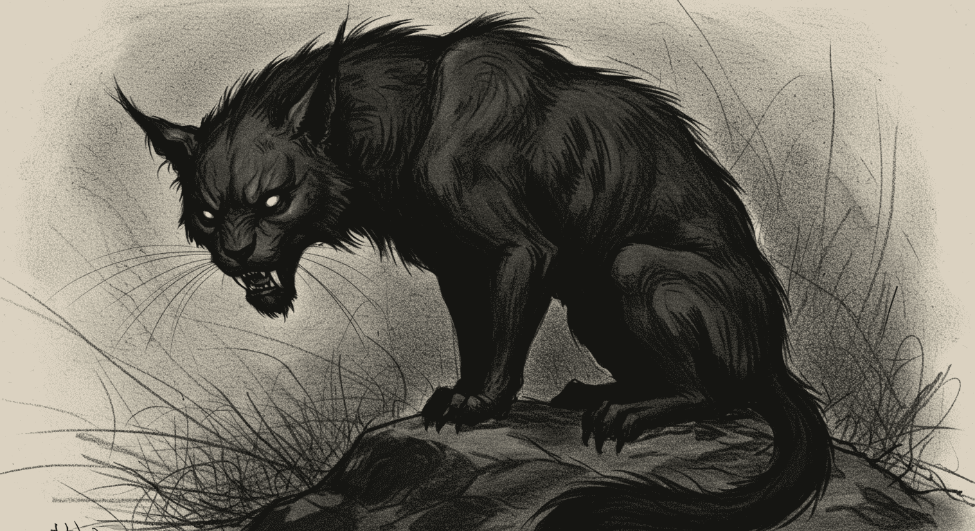 "Dibujo a carboncillo de una criatura oscura y salvaje con rasgos felinos. Imagen de un monstruo acechando en un entorno sombrío."