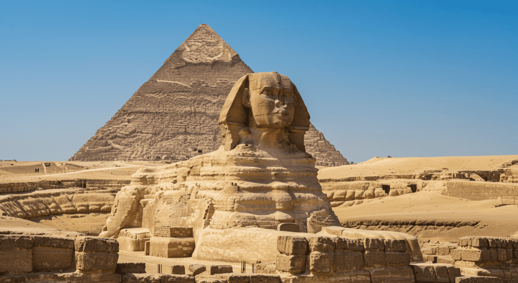 "La Esfinge de Giza con una pirámide al fondo en Egipto. Antigua escultura y monumento histórico en el desierto. #esfinge #giza #egipto #monumento"

