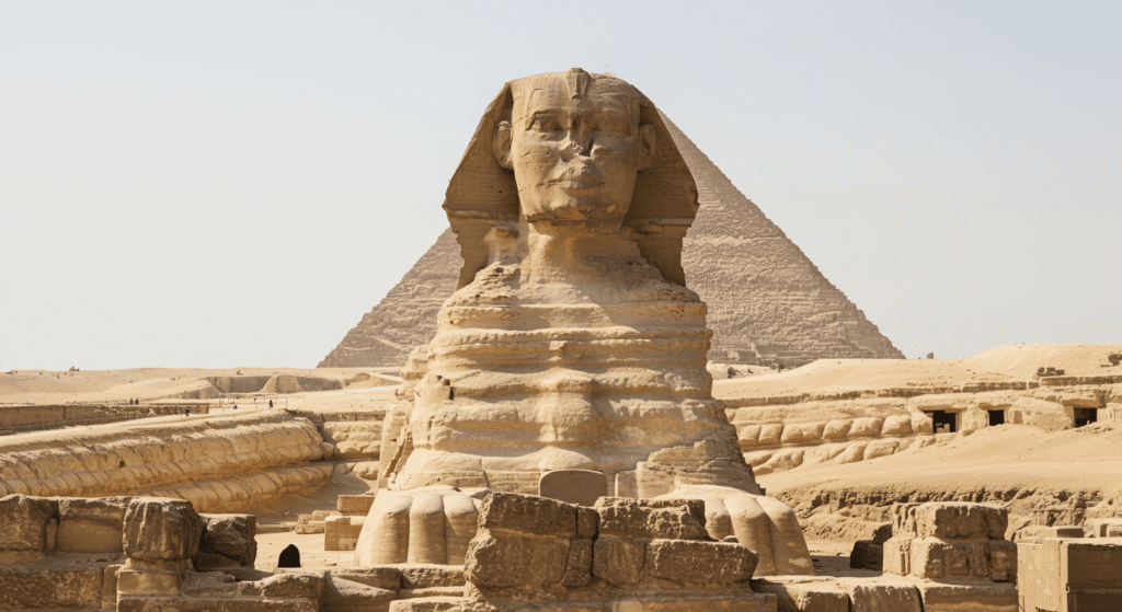 "La Esfinge y una pirámide de Giza en Egipto. Monumentos antiguos en el desierto con cielo azul claro. #esfinge #piramide #giza #egipto"

