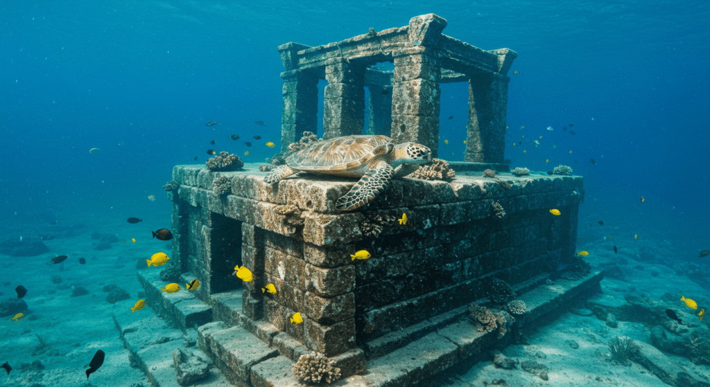 ¿La Atlántida existió realmente? Mito, historia y teorías modernas 4 Estructura de piedra antigua bajo el agua con una tortuga y peces amarillos. Ruinas submarinas con vida marina