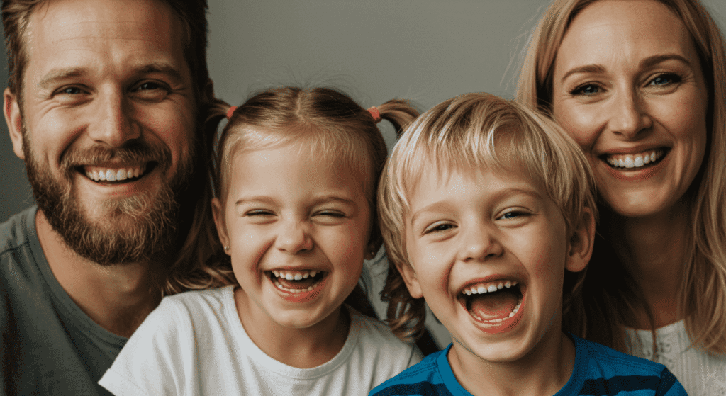 Familia riendo junta. Padre, madre e hijos compartiendo un momento feliz. Alegría familiar. Niños riendo.