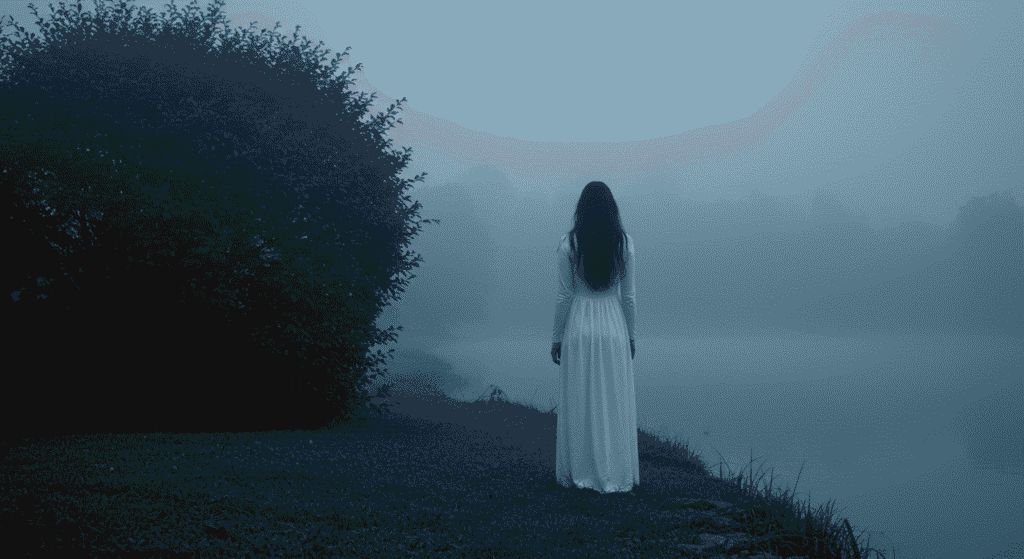 La Llorona: leyenda, origen y misterio detrás del fantasma más famoso 2 Fantasma femenino en la orilla de un lago neblinoso. Imagen de terror y misterio