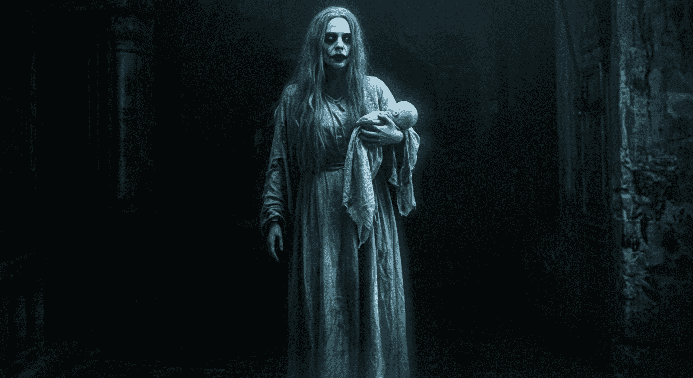 Fantasma de novia con bebé en la oscuridad. Imagen de terror y lo sobrenatural.