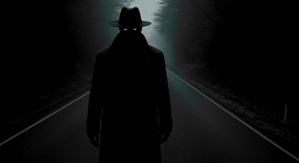 Figura sombría con sombrero y abrigo parada en carretera con ojos rojos brillantes. Imagen de terror psicológico para contenido de pesadillas y leyendas urbanas.
