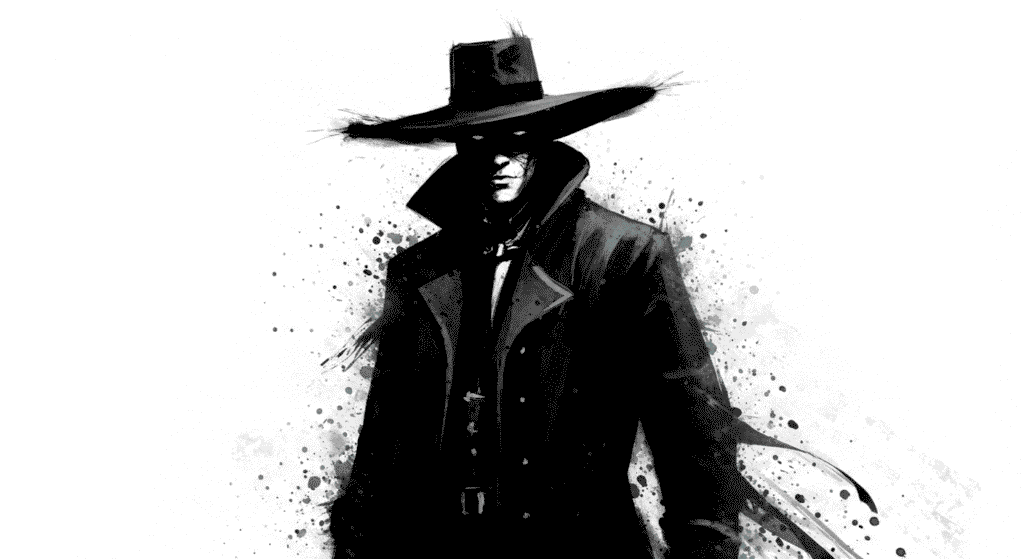 Retrato en blanco y negro de figura misteriosa con sombrero de ala ancha y abrigo oscuro. Imagen de suspense y misterio para contenido de cine negro o terror psicológico.