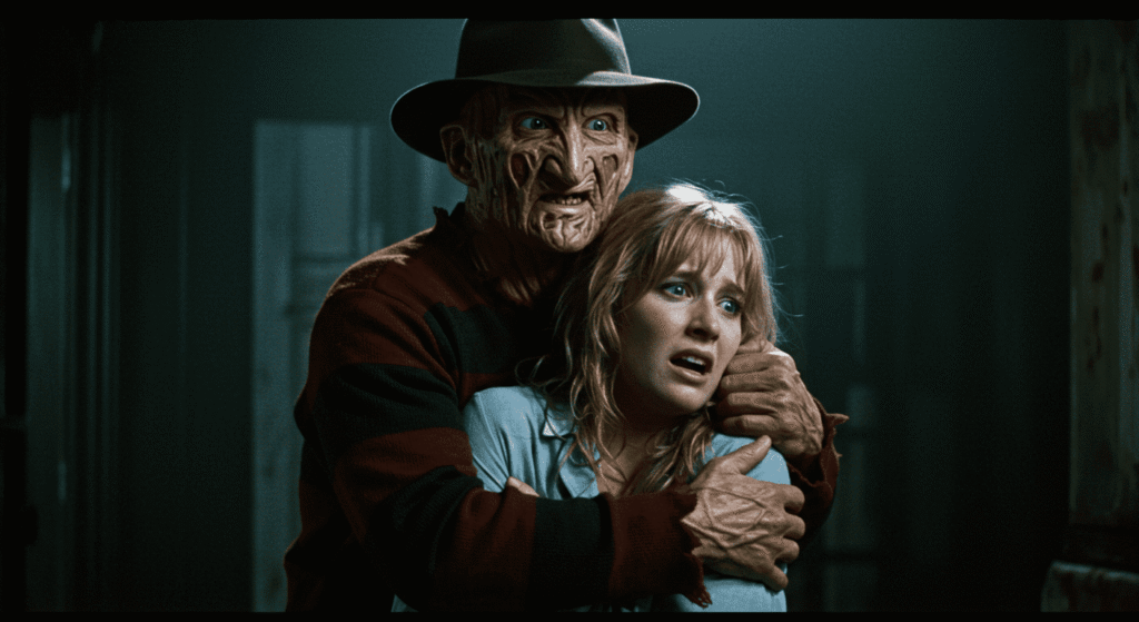 Freddy Krueger abrazando a joven aterrorizada en escena de película de terror. Imagen del villano de "Pesadilla en Elm Street". Ideal para contenido de cine de terror.