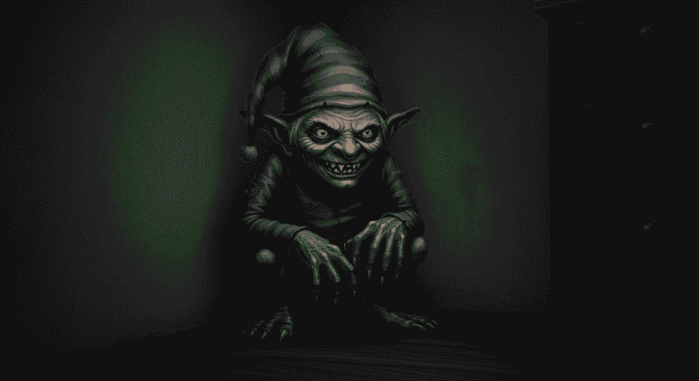Imagen de un gnomo malvado agazapado en una esquina oscura. Criatura de piel gris arrugada, gorro de dormir azul y verde, túnica verde desgastada y sonrisa siniestra. Ideal para temas de fantasía oscura y terror.