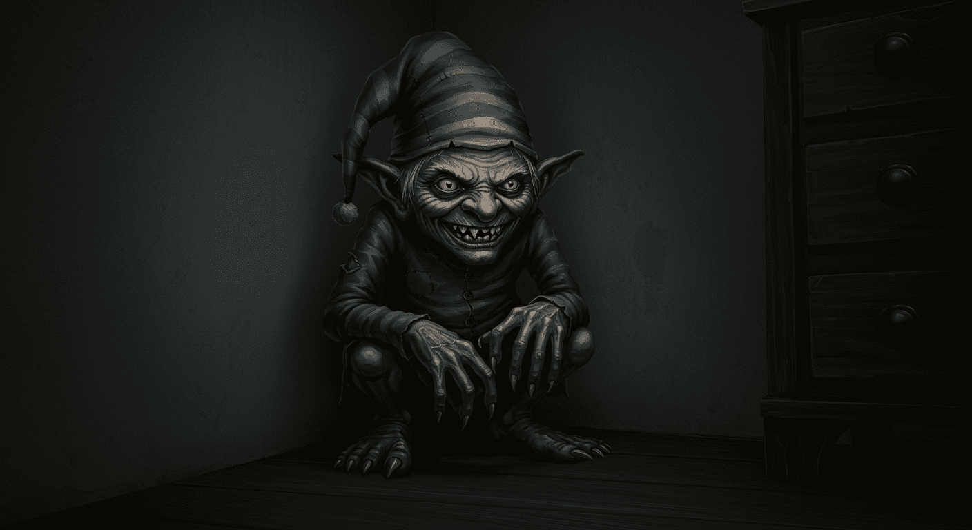 Imagen de un gnomo malvado agazapado en una esquina oscura. Criatura de piel gris arrugada, gorro de dormir azul y verde, túnica verde desgastada y sonrisa siniestra. Ideal para temas de fantasía oscura y terror.