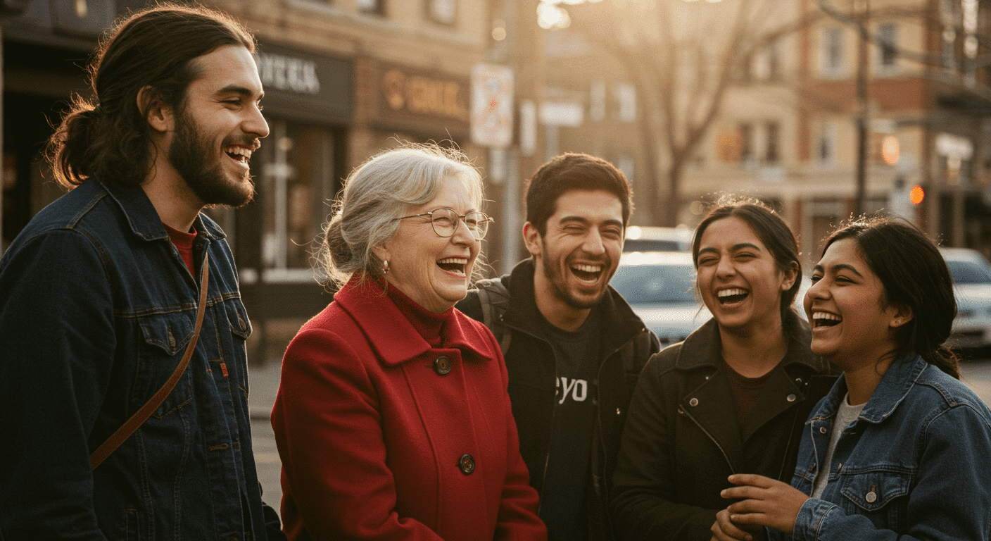 Grupo de personas riendo juntas al aire libre. Amigos y familia compartiendo un momento de alegría y diversión en la ciudad.