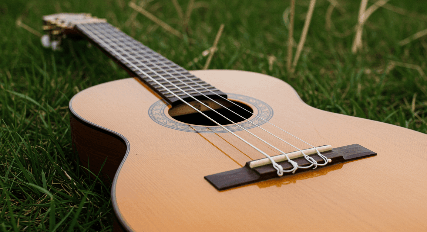 "Primer plano de guitarra clásica sobre hierba, evocando la conexión entre la música y la naturaleza. La práctica musical en entornos naturales fomenta la relajación, la creatividad y la conexión con el entorno. La música como herramienta para reducir el estrés, mejorar el estado de ánimo y potenciar la creatividad en armonía con la naturaleza."