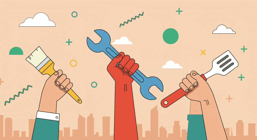 Ilustración del Día del Trabajo con herramientas: llave inglesa, brocha y espátula sobre fondo de ciudad