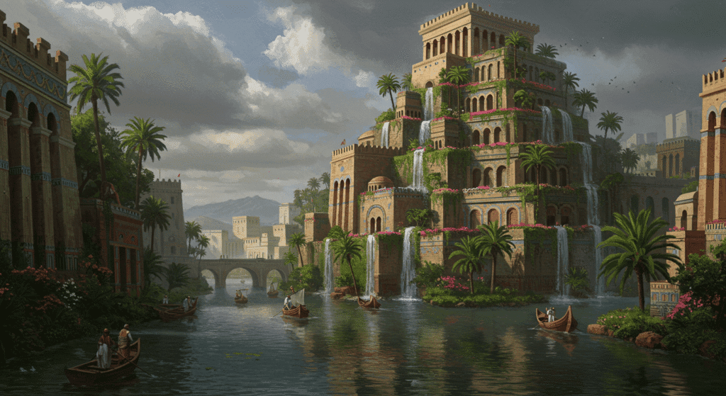 Las siete maravillas del mundo antiguo que asombraron a la humanidad 4 Ilustración de los Jardines Colgantes de Babilonia. Representación artística de la antigua maravilla arquitectónica, con vegetación exuberante y diseño escalonado. Ideal para temas de historia, arquitectura antigua y jardines históricos.