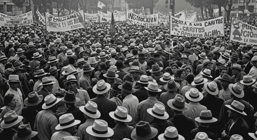 Manifestación histórica en blanco y negro con pancartas sobre los derechos de la mujer. Foto antigua de protesta social