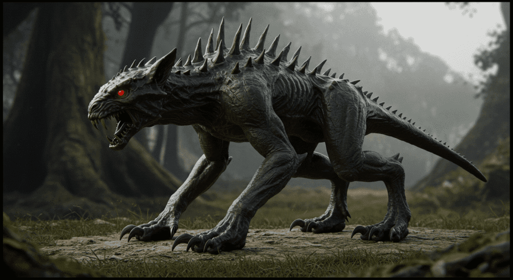 "Estatua de un chupacabras o criatura criptozoológica similar. Escultura con piel rojiza, garras afiladas, espinas y ojos rojos, exhibida en un museo."