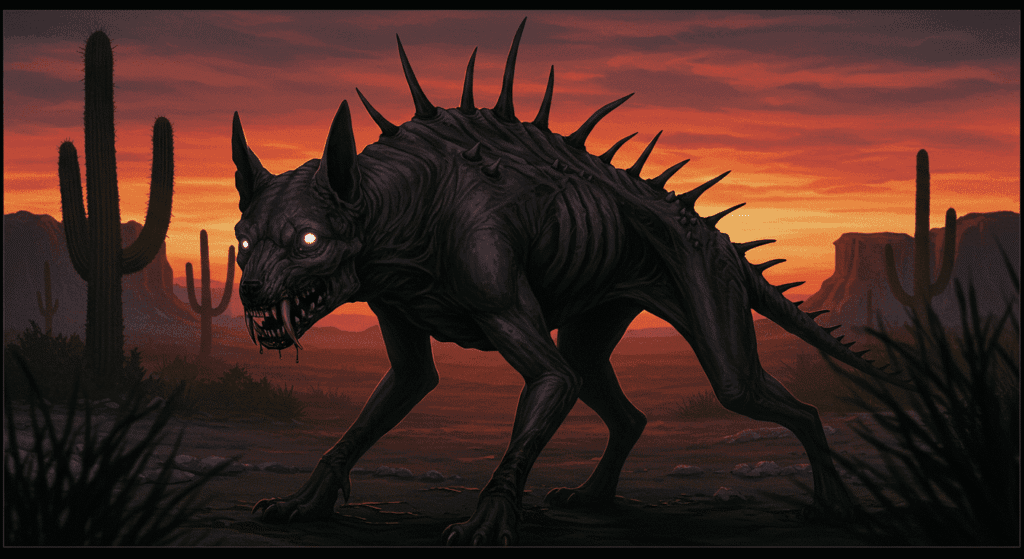 "Ilustración digital de un monstruo delgado y oscuro con ojos brillantes en el desierto. Criatura terrorífica con espinas y sangre en un paisaje árido."