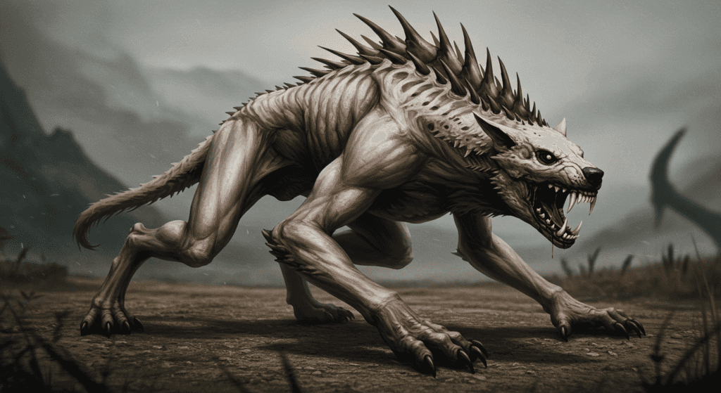 "Ilustración digital de un monstruo esquelético y terrorífico con ojos rojos y dientes afilados. Imagen de una criatura espeluznante en un fondo gris."