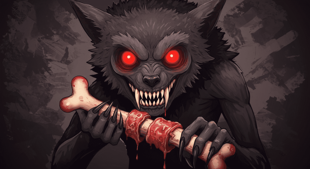 "Ilustración de un monstruo reptiliano con ojos rojos comiendo un hueso. Imagen de una criatura terrorífica con aspecto de lagarto en un fondo oscuro."